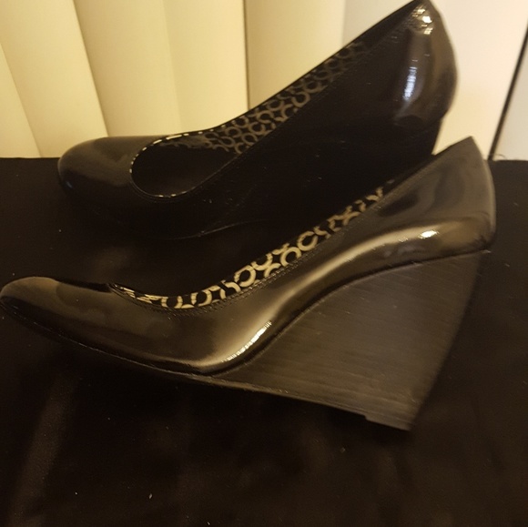 COACH: Black Patient Leather Wedge Heel Shoes - Picture 5 of 6